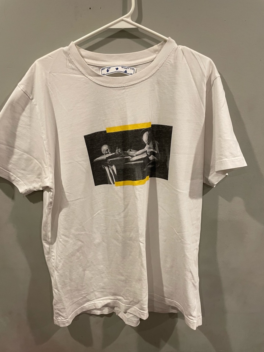 Off-White White Short Sleeve Graphic Tee with Yellow Accent